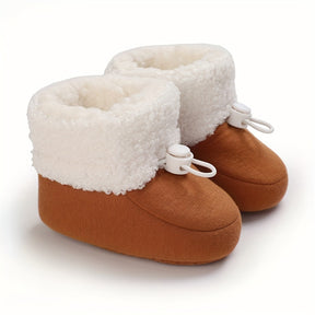 Infant Cozy Snow Boots - Casual Solid Color Fall/Winter Daily Wear, Elastic Band Closure, Round Toe Mid-Calf Booties, Warm Fabric Upper/Inner/Sole, Anti-Slip Newborn Walking Shoes