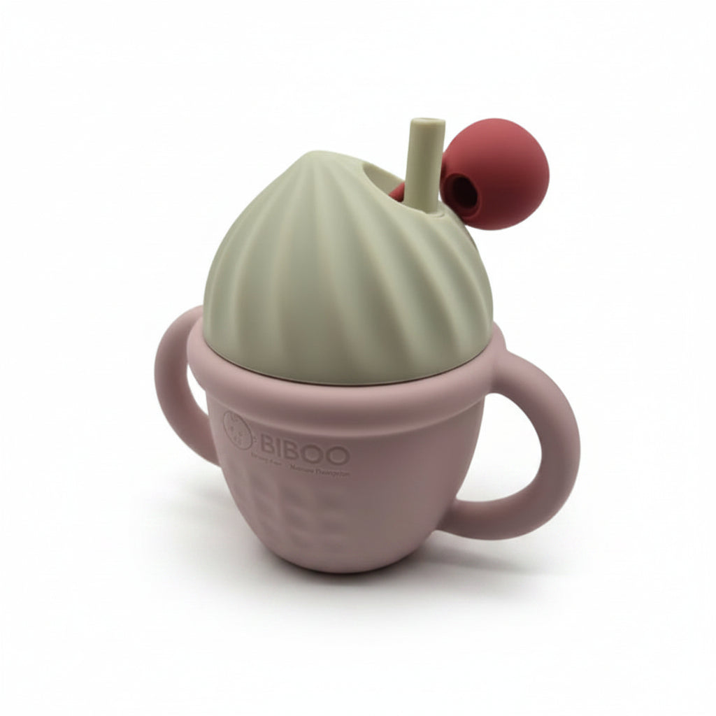 Tasse d’Apprentissage Bébé 3-en-1 en Silicone Cerise