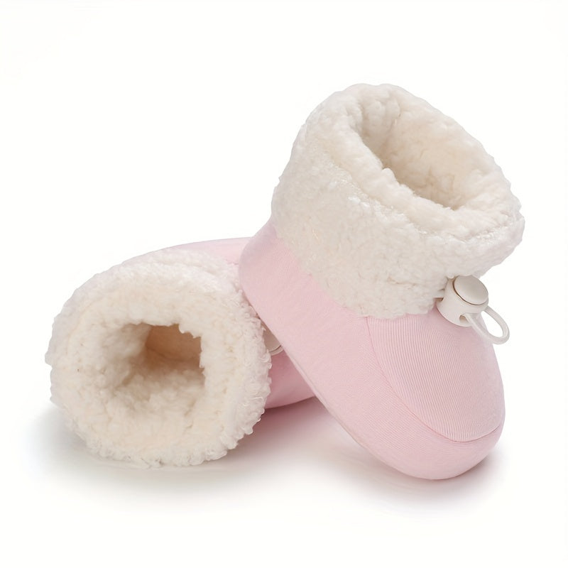 Infant Cozy Snow Boots - Casual Solid Color Fall/Winter Daily Wear, Elastic Band Closure, Round Toe Mid-Calf Booties, Warm Fabric Upper/Inner/Sole, Anti-Slip Newborn Walking Shoes