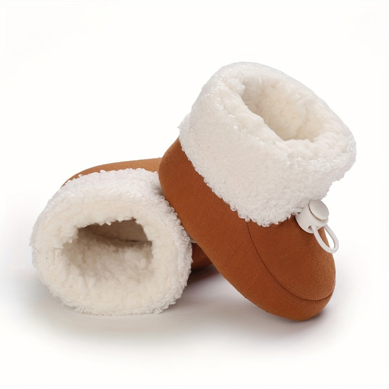 Infant Cozy Snow Boots - Casual Solid Color Fall/Winter Daily Wear, Elastic Band Closure, Round Toe Mid-Calf Booties, Warm Fabric Upper/Inner/Sole, Anti-Slip Newborn Walking Shoes