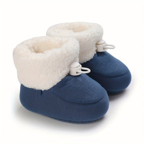 Infant Cozy Snow Boots - Casual Solid Color Fall/Winter Daily Wear, Elastic Band Closure, Round Toe Mid-Calf Booties, Warm Fabric Upper/Inner/Sole, Anti-Slip Newborn Walking Shoes