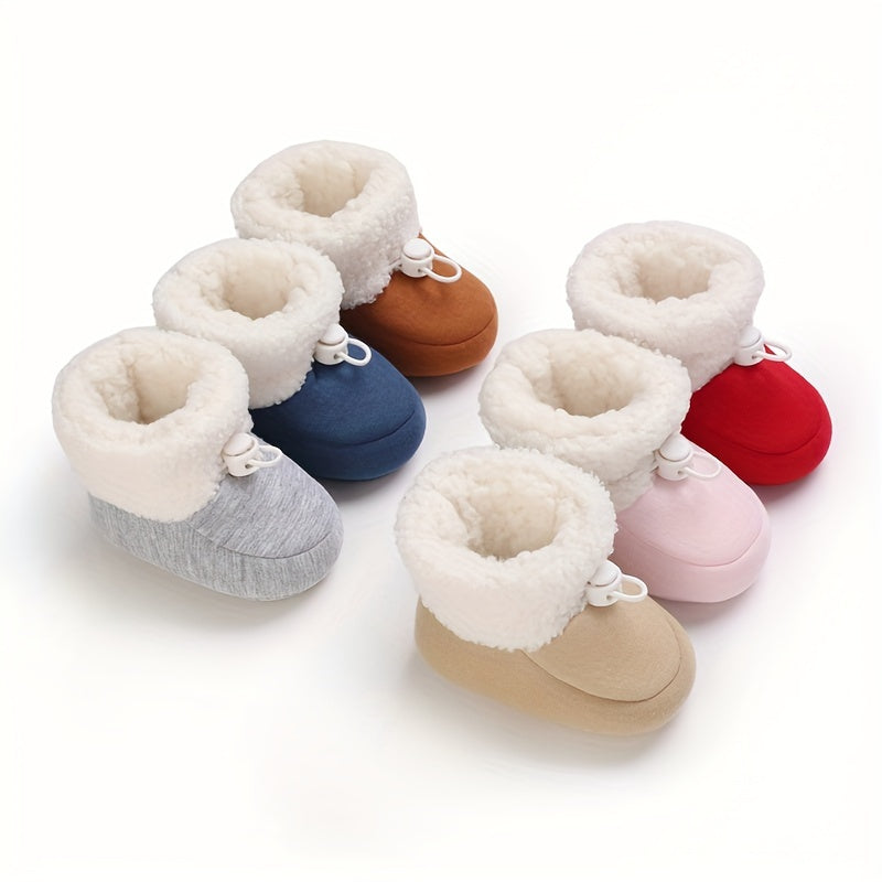 Infant Cozy Snow Boots - Casual Solid Color Fall/Winter Daily Wear, Elastic Band Closure, Round Toe Mid-Calf Booties, Warm Fabric Upper/Inner/Sole, Anti-Slip Newborn Walking Shoes