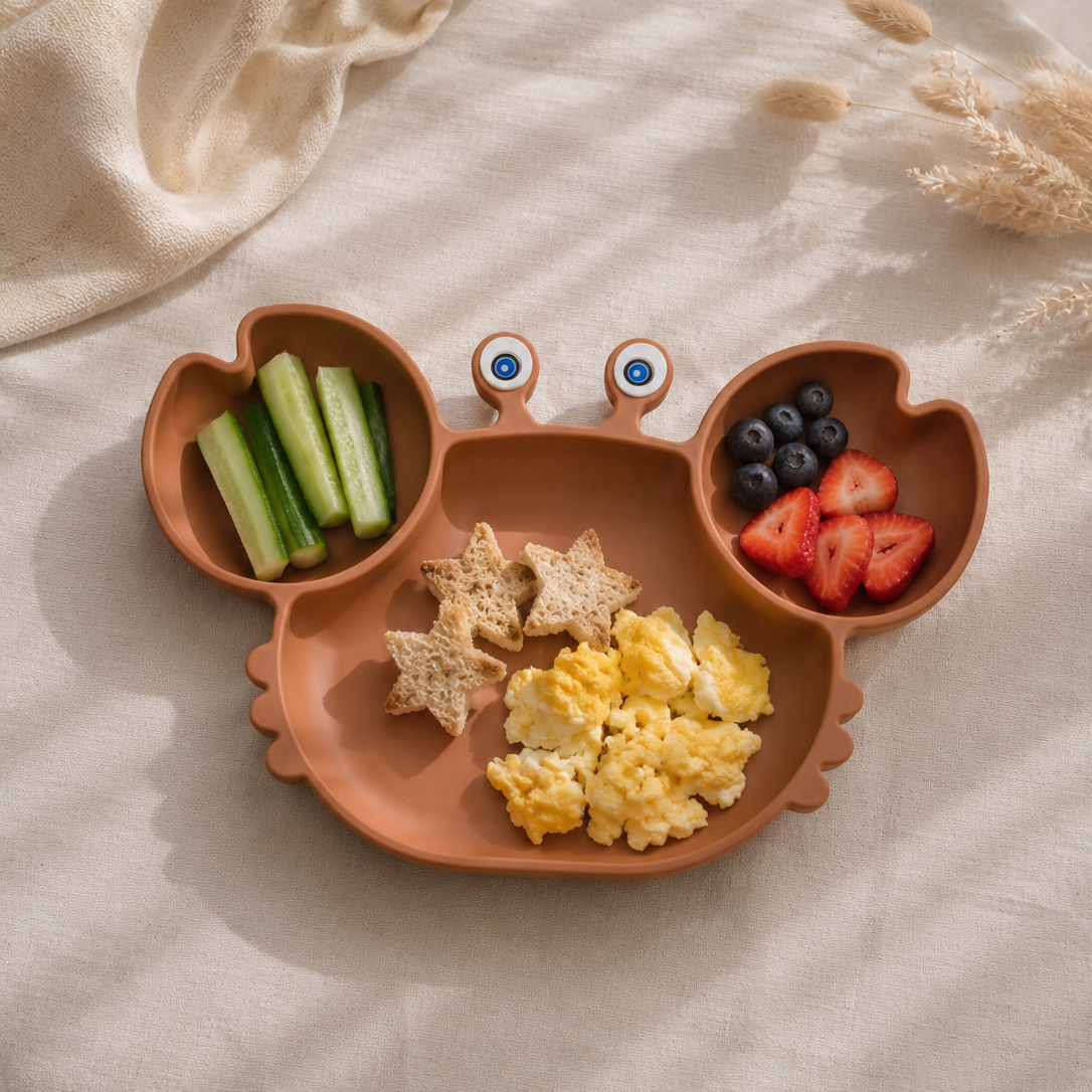 🦀 Assiette Bébé Silicone Avec 3 Compartiments Crabe