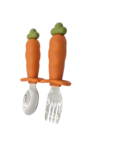 Couverts bébé inox et silicone Carotte, lot de 2 – Obiboo