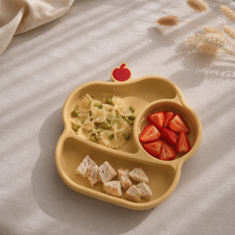 Assiette Bébé Silicone Avec 3 Compartiments Cerise